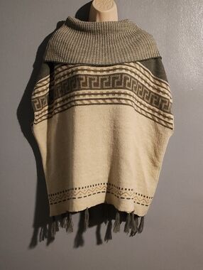 GxF Cozy Cream & Olive Knit Poncho with Fringe